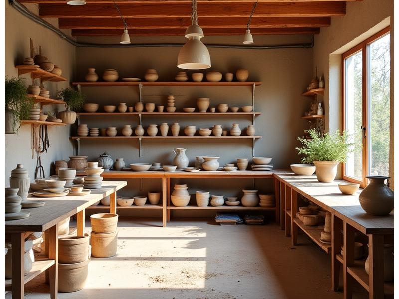 Artisanale werkplaats van Wadden Klei met potten en gereedschap.